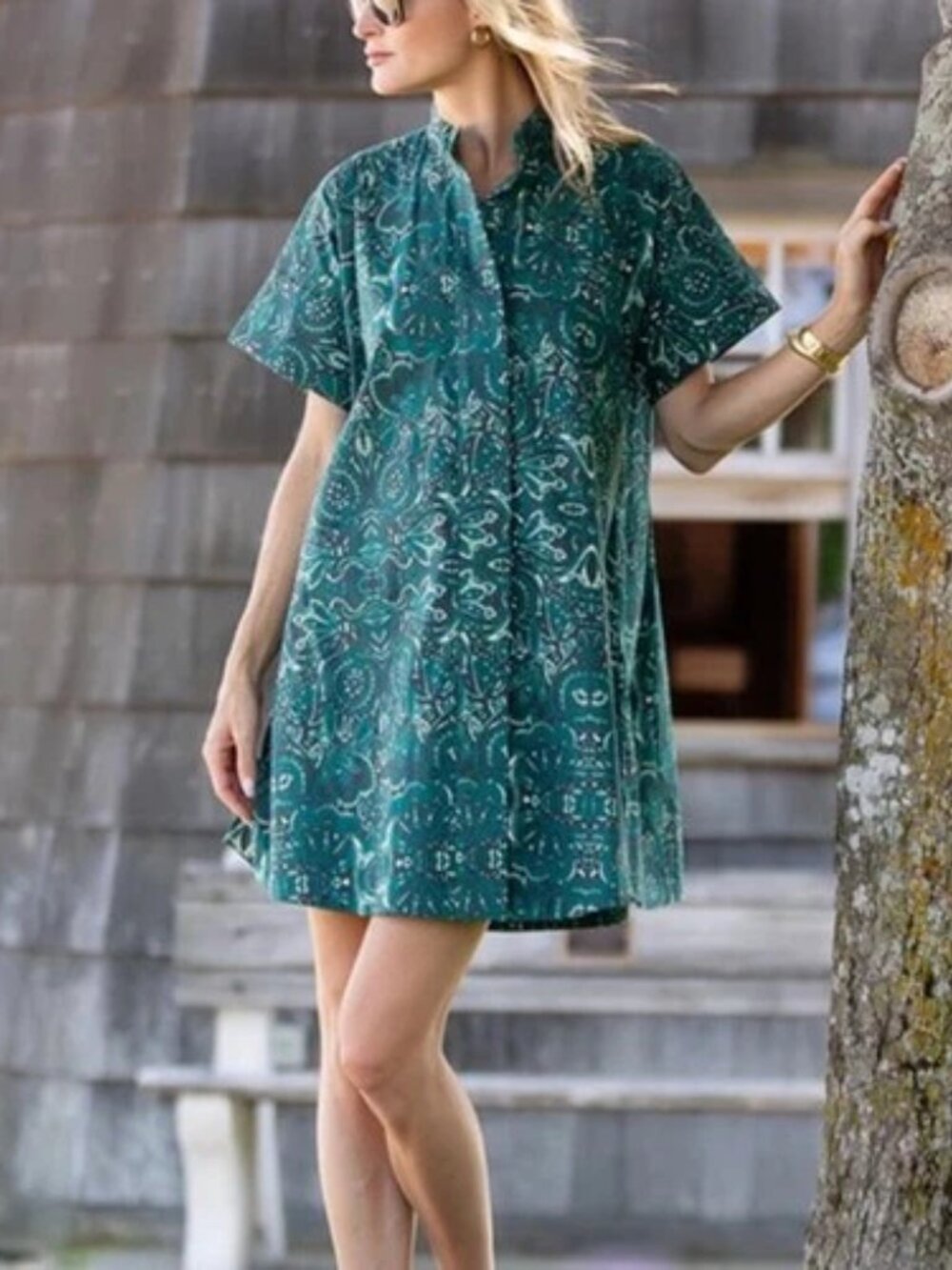 Short Teal Printed Shirt Dress - Women